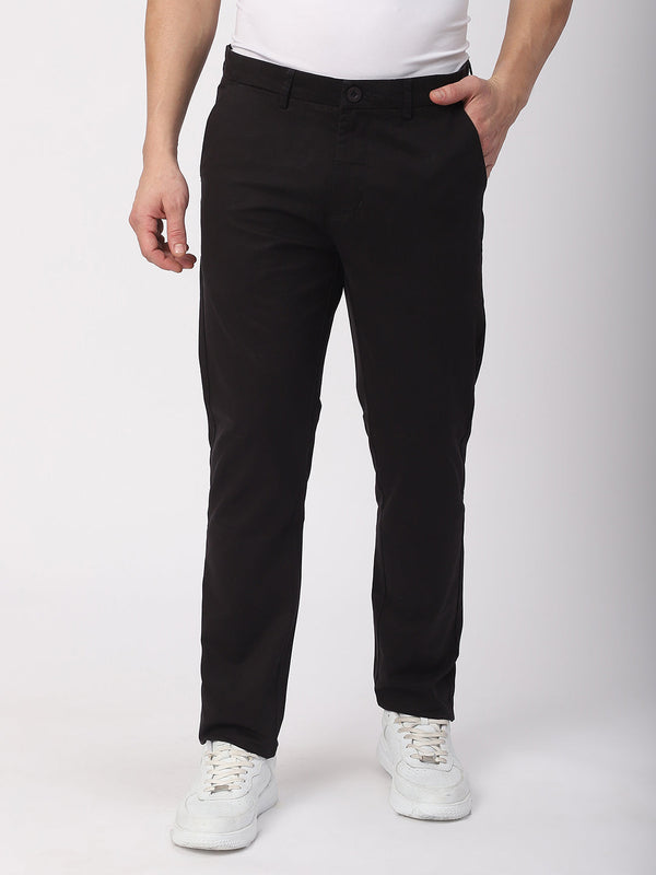 Stitch Hub Black Fine Twill Cotton Chinos For Men- Regular Fit With Solid Pattern