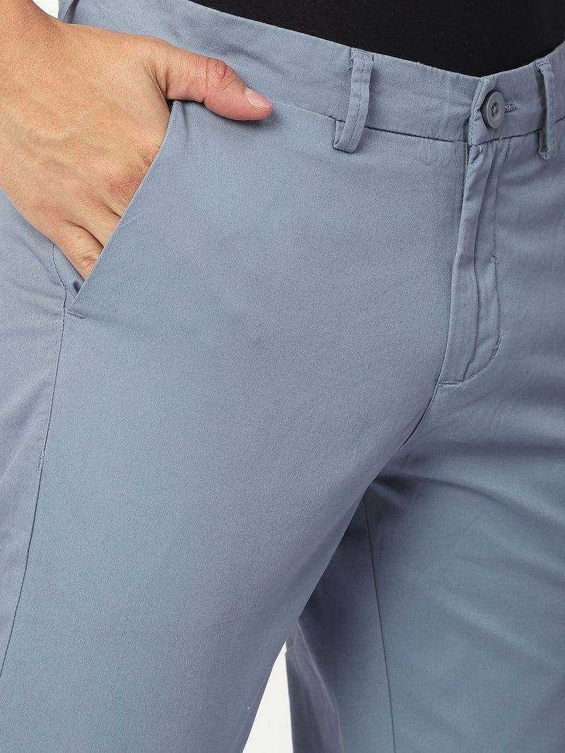 Stitch Hub Cobalt Blue Fine Twill Cotton Chinos For Men- Regular Fit With Solid Pattern