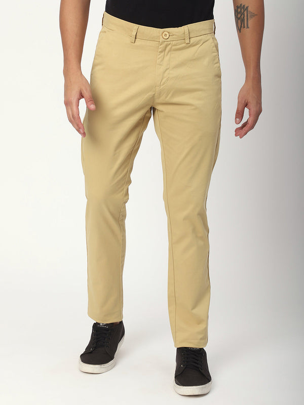 Stitch Hub Beige Fine Twill Cotton Chinos For Men- Regular Fit With Solid Pattern