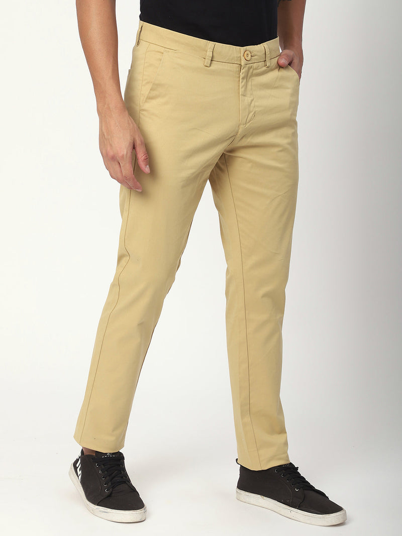 Stitch Hub Beige Fine Twill Cotton Chinos For Men- Regular Fit With Solid Pattern