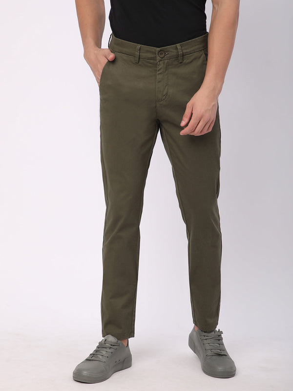 Stitch Hub Olive Green Fine Twill Cotton Chinos For Men- Regular Fit With Solid Pattern