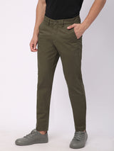 Stitch Hub Olive Green Fine Twill Cotton Chinos For Men- Regular Fit With Solid Pattern