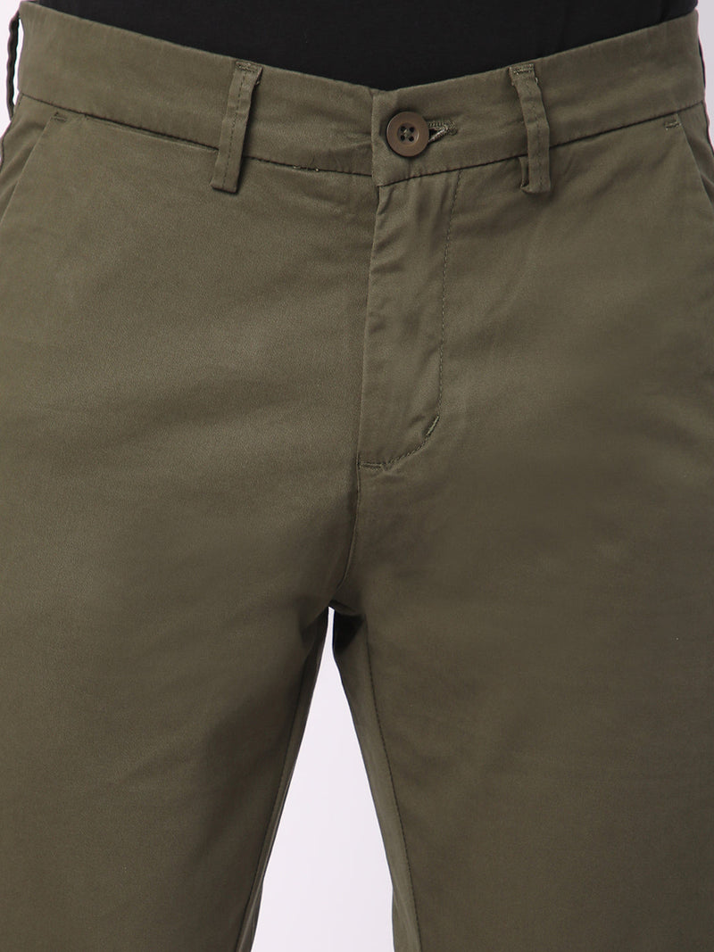 Stitch Hub Olive Green Fine Twill Cotton Chinos For Men- Regular Fit With Solid Pattern