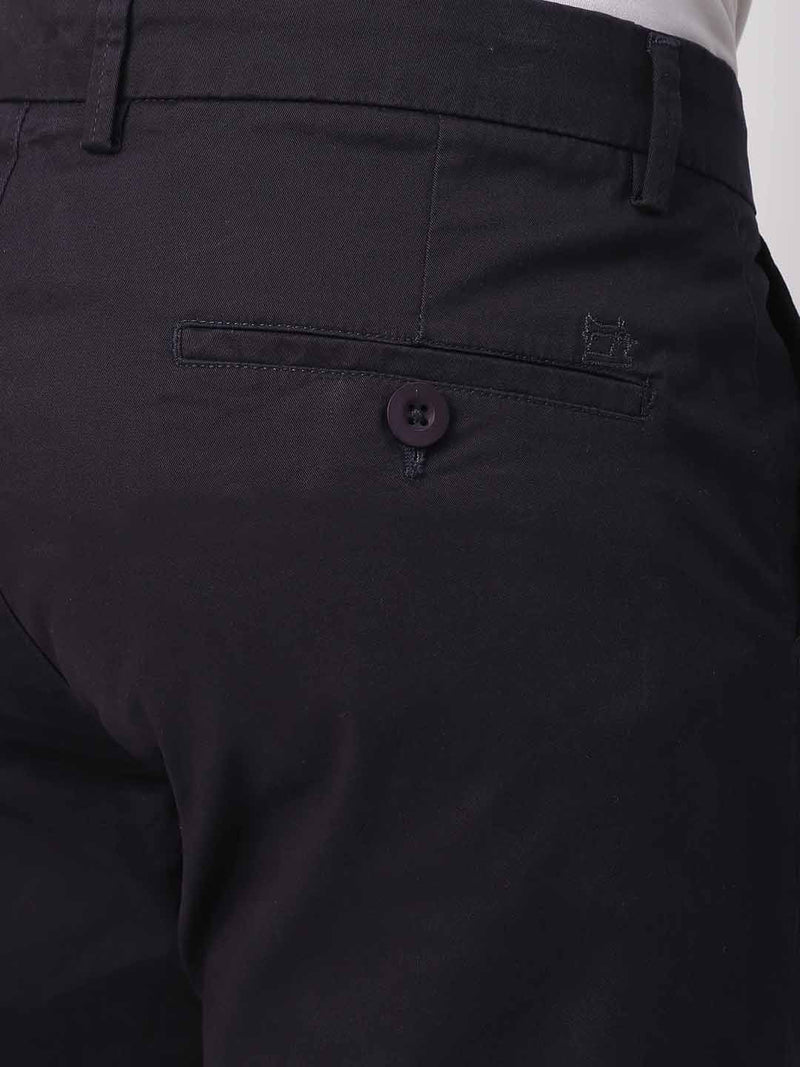 Stitch Hub Navy Blue Fine Twill Cotton Chinos For Men- Regular Fit With Solid Pattern