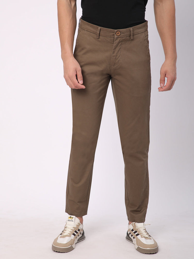 Stitch Hub Coffee Fine Twill Cotton Chinos For Men- Regular Fit With Solid Pattern