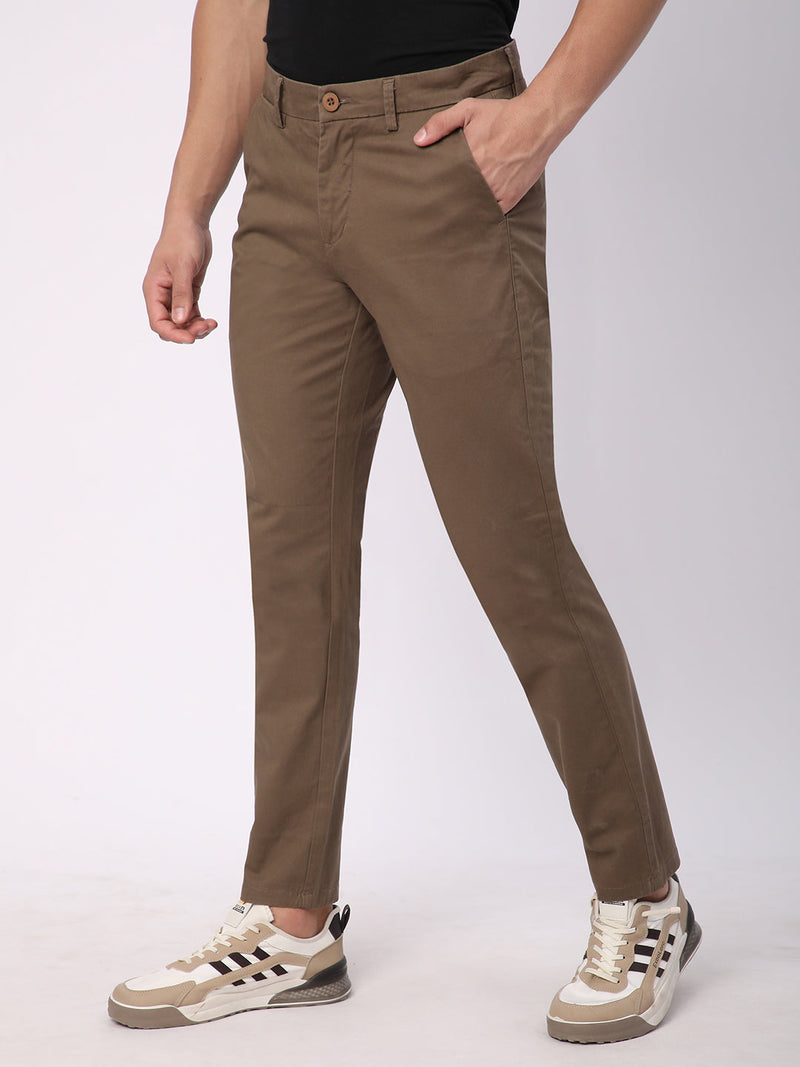 Stitch Hub Coffee Fine Twill Cotton Chinos For Men- Regular Fit With Solid Pattern