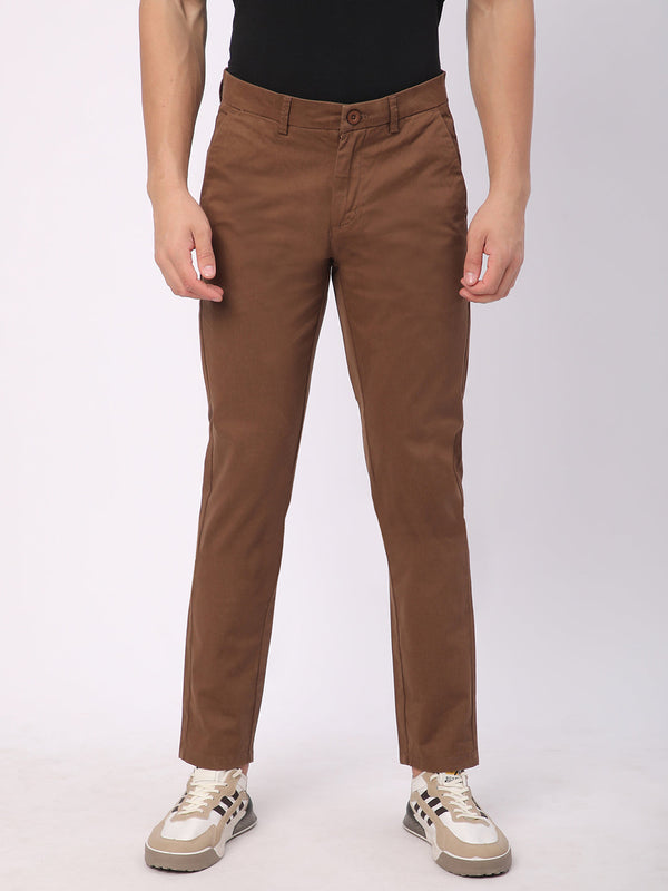 Stitch Hub Brown Fine Twill Cotton Chinos For Men- Regular Fit With Solid Pattern