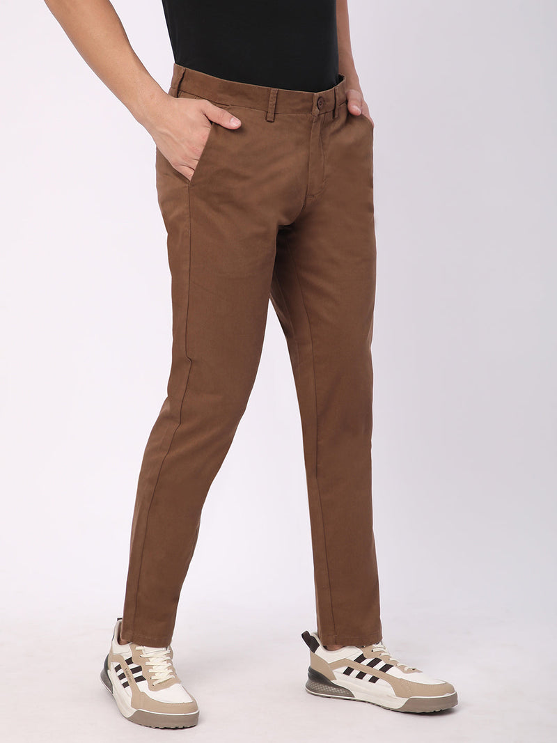 Stitch Hub Brown Fine Twill Cotton Chinos For Men- Regular Fit With Solid Pattern