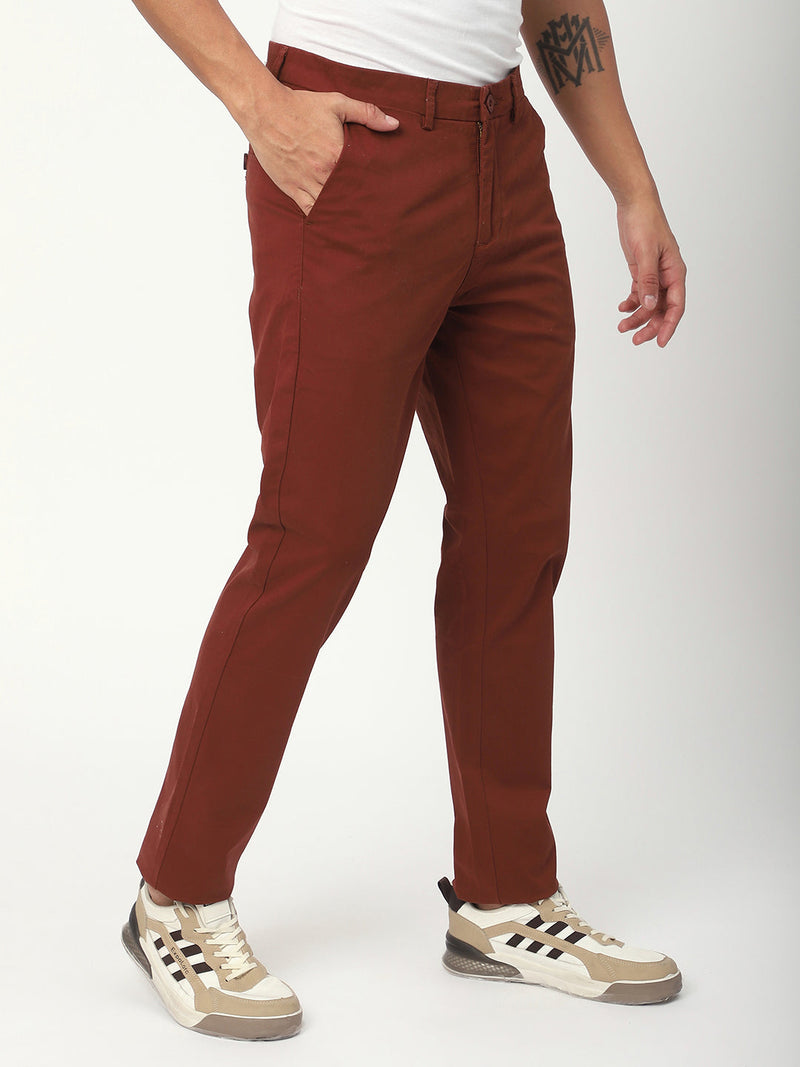 Stitch Hub Maroon Fine Twill Cotton Chinos For Men- Regular Fit With Solid Pattern