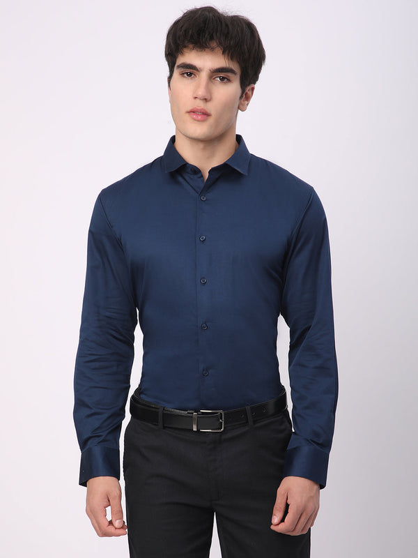 Stitch Hub Navy Blue Satin Lycra Shirts For Men- Regular Fit With Solid Pattern