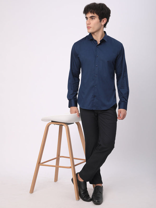 Stitch Hub Navy Blue Satin Lycra Shirts For Men- Regular Fit With Solid Pattern