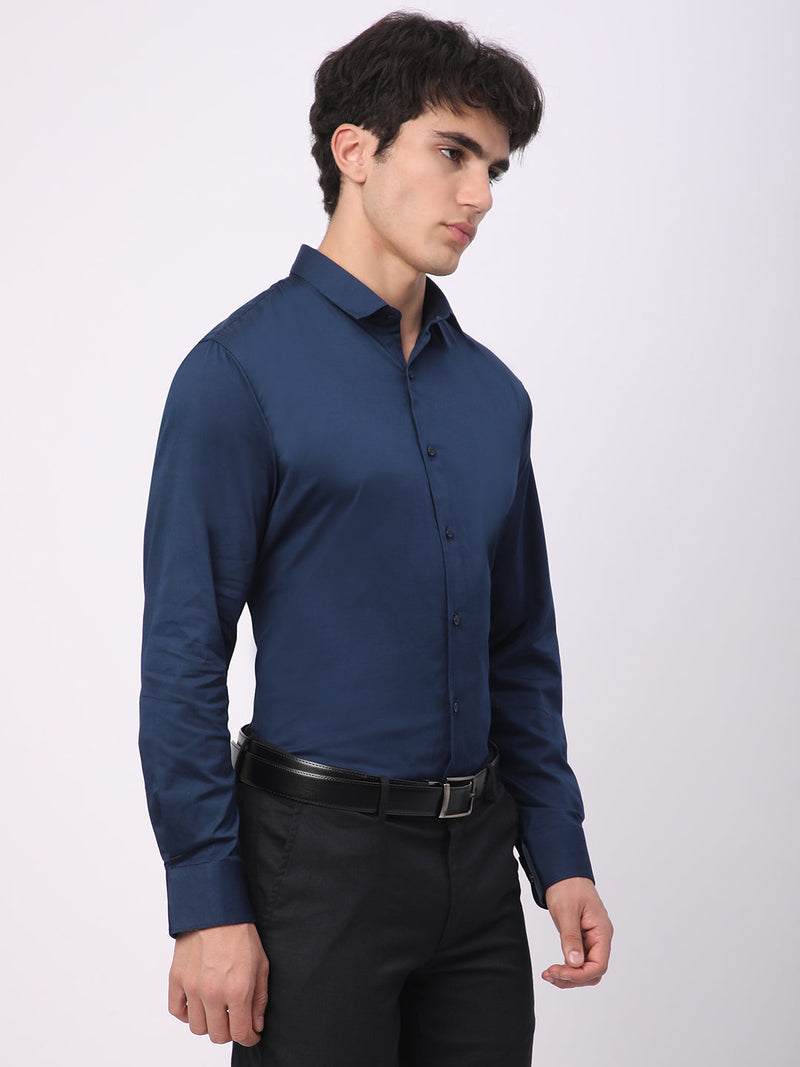 Stitch Hub Navy Blue Satin Lycra Shirts For Men- Regular Fit With Solid Pattern