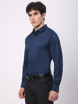 Stitch Hub Navy Blue Satin Lycra Shirts For Men- Regular Fit With Solid Pattern