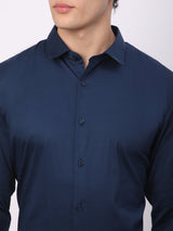 Stitch Hub Navy Blue Satin Lycra Shirts For Men- Regular Fit With Solid Pattern