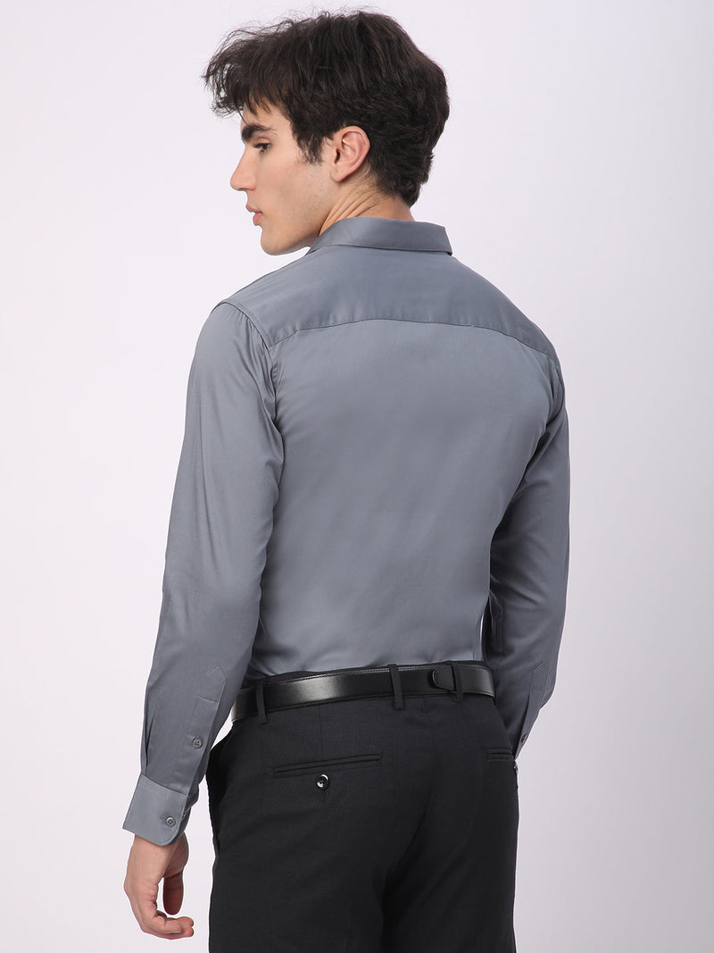 Stitch Hub Grey Satin Lycra Shirts For Men- Regular Fit With Solid Pattern