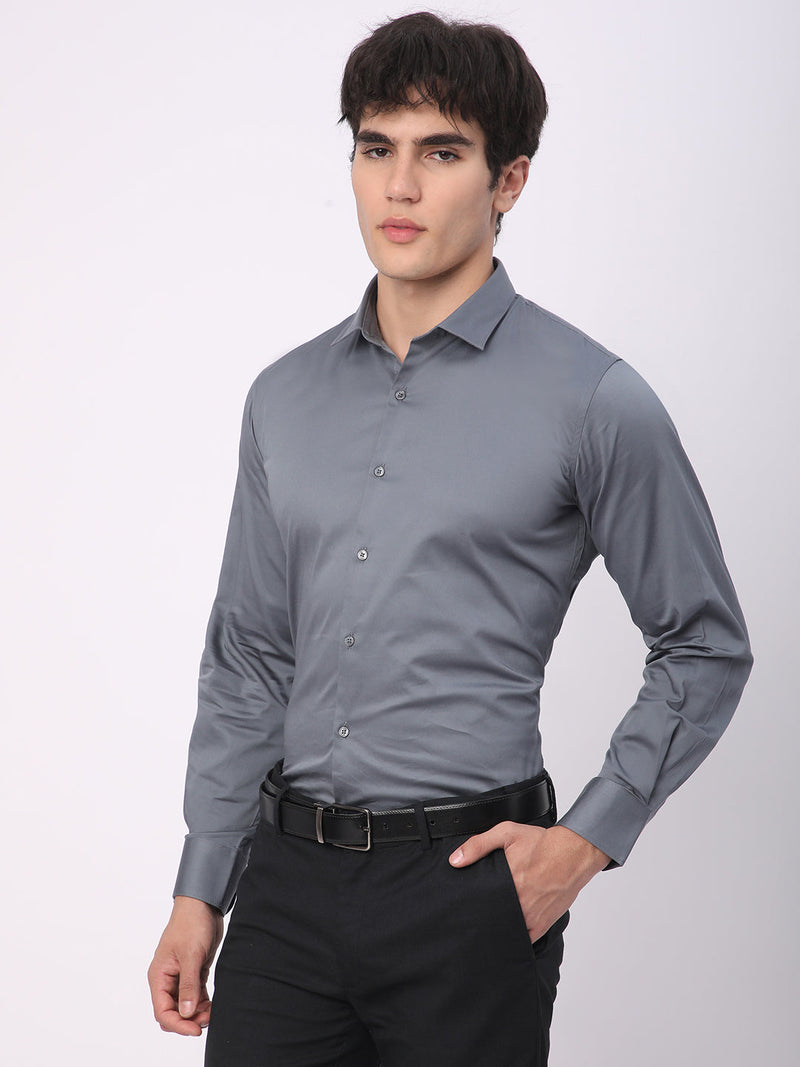 Stitch Hub Grey Satin Lycra Shirts For Men- Regular Fit With Solid Pattern