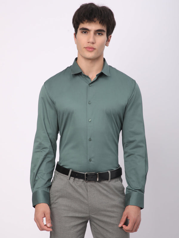 Stitch Hub Dark Green Satin Lycra Shirts For Men- Regular Fit With Solid Pattern