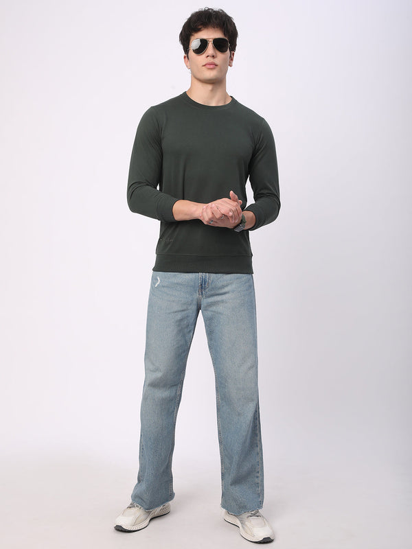 Stitch Hub Olive Loop Knit Sweatshirt For Men - Regular Fit With Solid Pattern