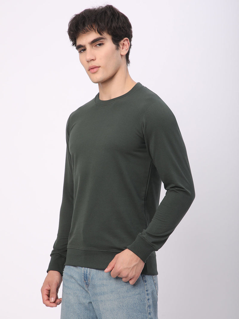 Stitch Hub Olive Loop Knit Sweatshirt For Men - Regular Fit With Solid Pattern