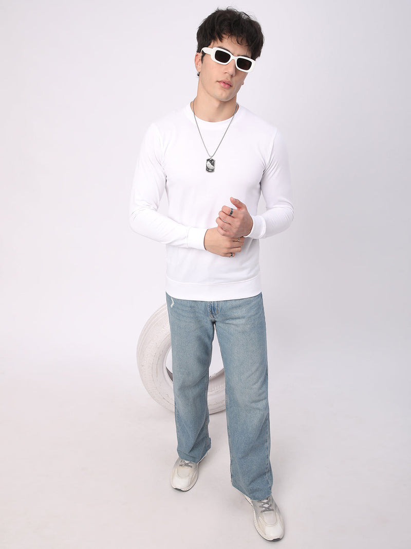 Stitch Hub White Loop Knit Sweatshirt For Men - Regular Fit With Solid Pattern