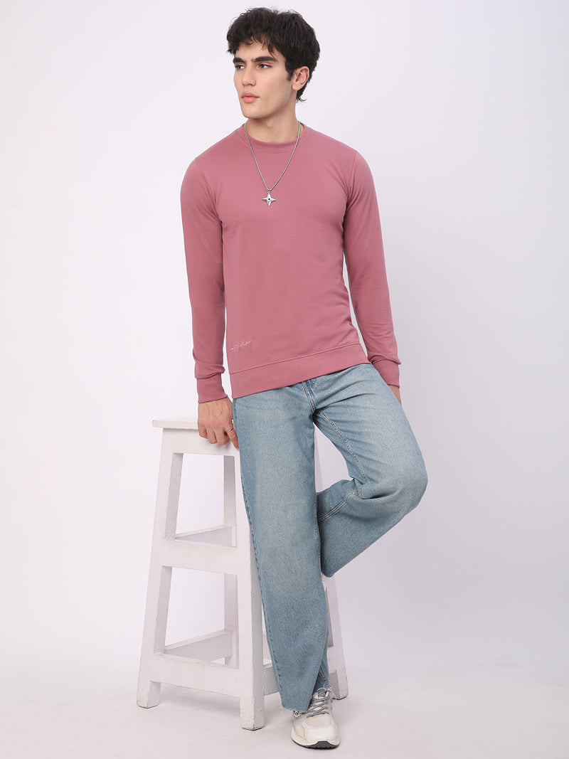 Stitch Hub Rose Pink Loop Knit Sweatshirt For Men - Regular Fit With Solid Pattern