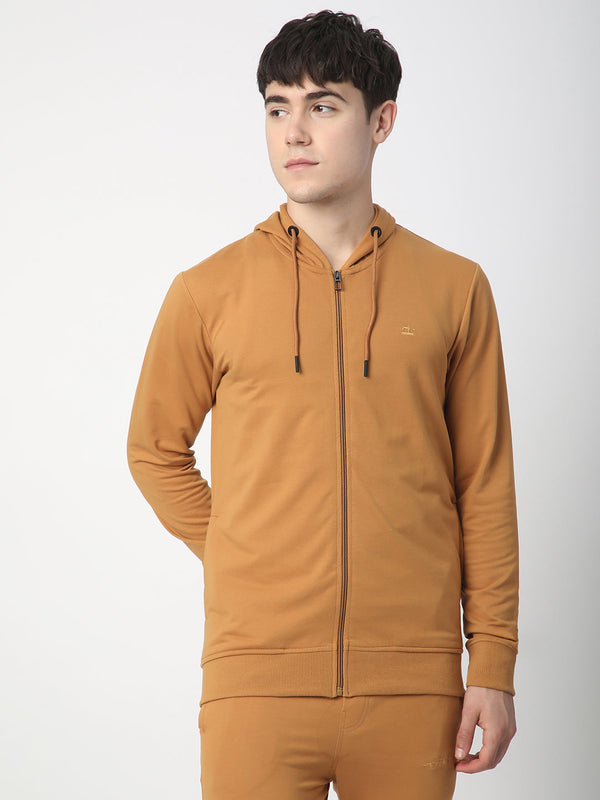 Stitch Hub Tan Loop knit Zipper Hoodie - Long Sleeve, Regular Fit