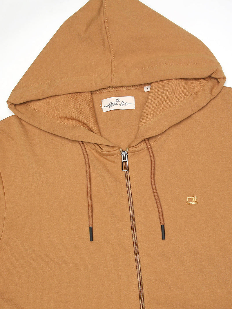 Stitch Hub Tan Loop knit Zipper Hoodie - Long Sleeve, Regular Fit