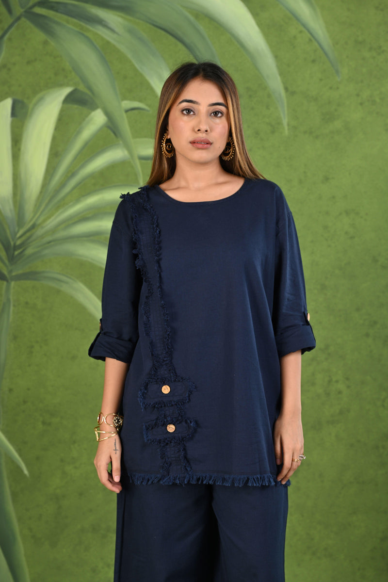 Navy Blue Frayed Solid Linen Cotton Full Sleeve Co-ord Set