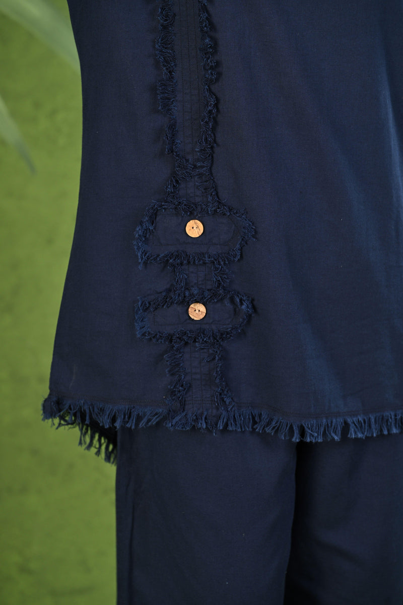 Navy Blue Frayed Solid Linen Cotton Full Sleeve Co-ord Set