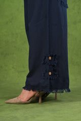 Navy Blue Frayed Solid Linen Cotton Full Sleeve Co-ord Set