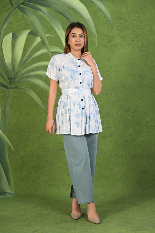 Light Blue & White Printed Frock Style Modal & Linen Cotton Half Sleeve Co-ord Set