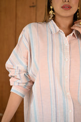 Baby Pink & Blue Striped Pattern Linen Cotton Full Sleeve Co-ord Set