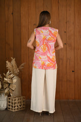 Printed Pink-Orange Linen & Cotton Sleeveless Co-ord Set