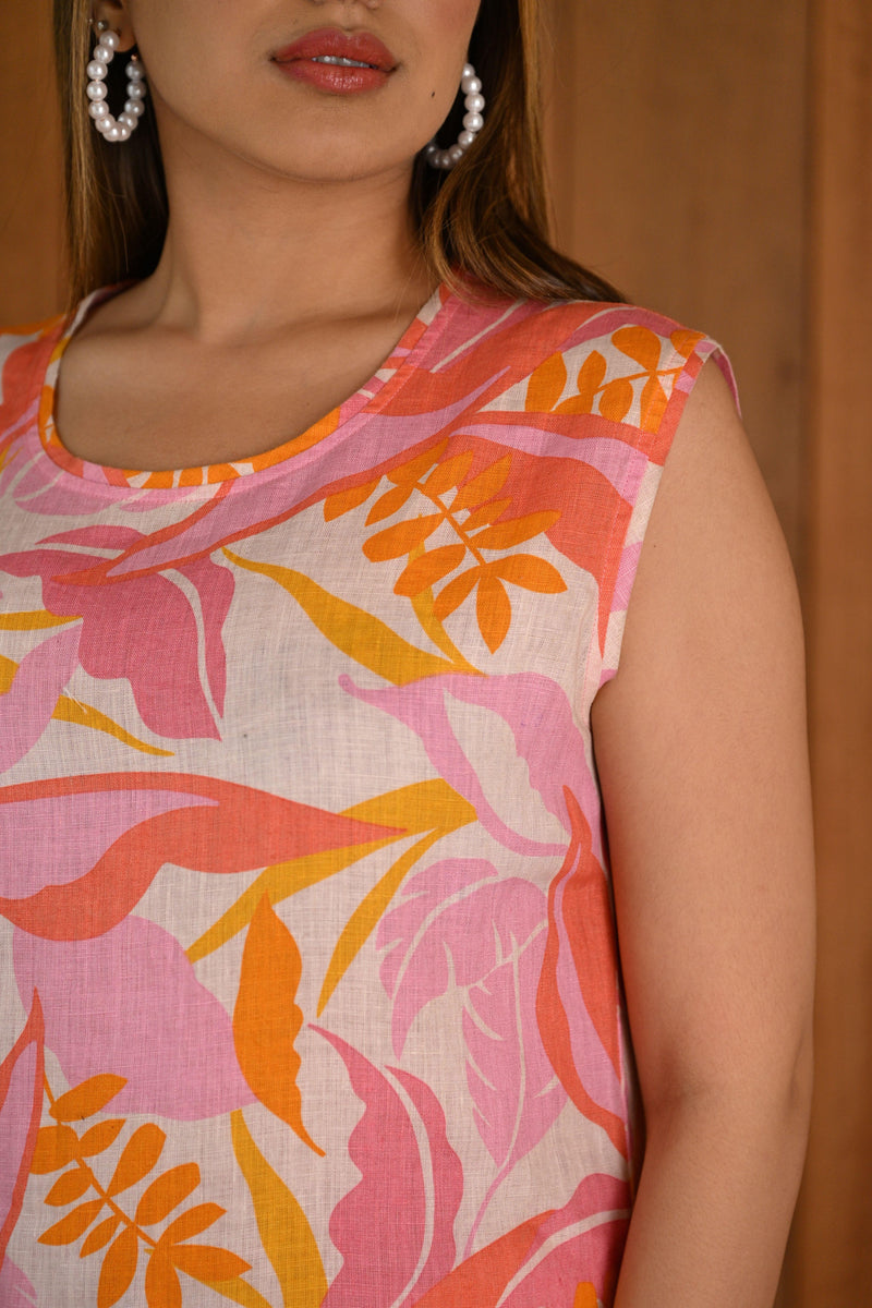 Printed Pink-Orange Linen & Cotton Sleeveless Co-ord Set