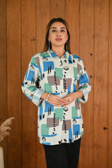 Blue Green Grey Pattern Printed Modal & Linen Cotton Full Sleeve Co-ord Set