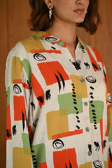 Orange & Green Pattern Printed Modal & Linen Cotton Full Sleeve Co-ord Set