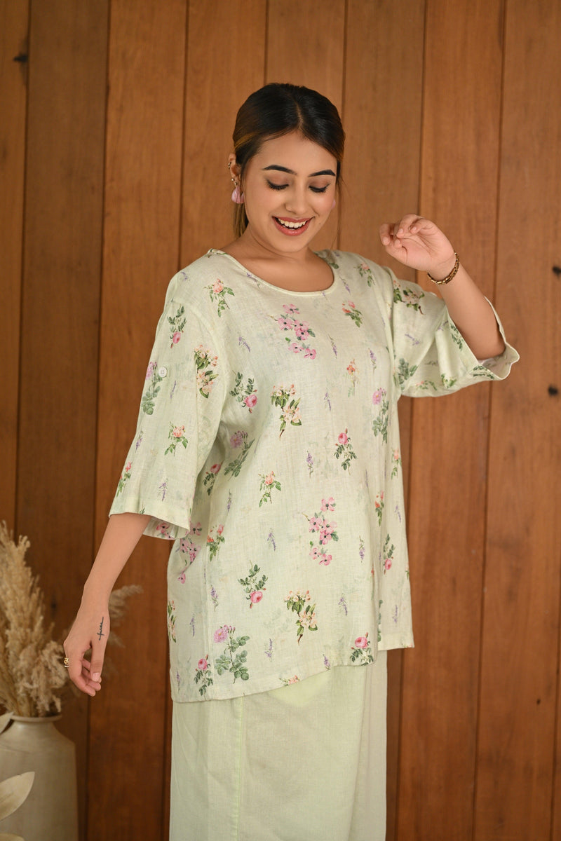 Light Green & White Linen & Cotton Half Sleeve Co-ord Set