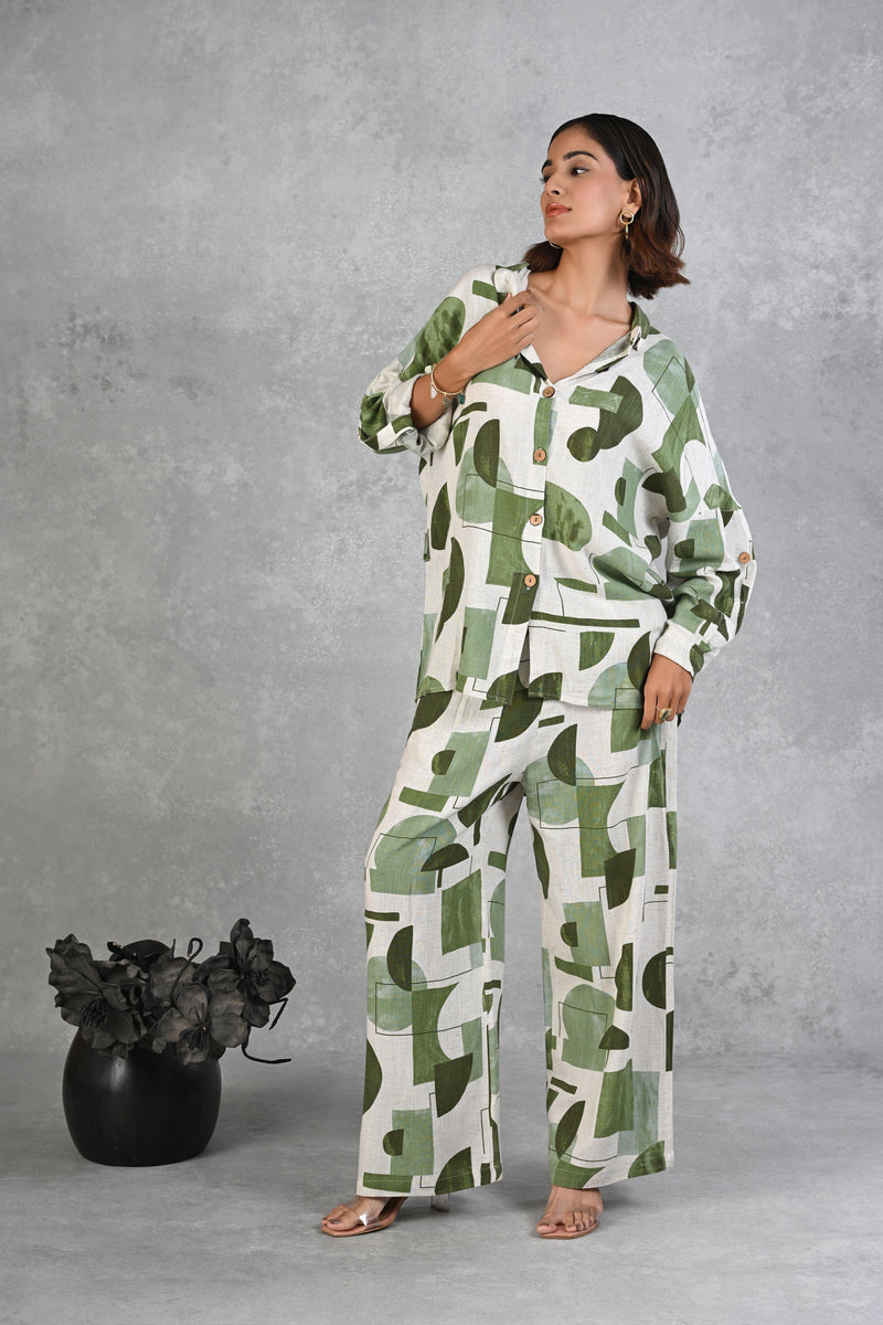 Green & White Modal Slub Printed Full Sleeve Co-ord Set