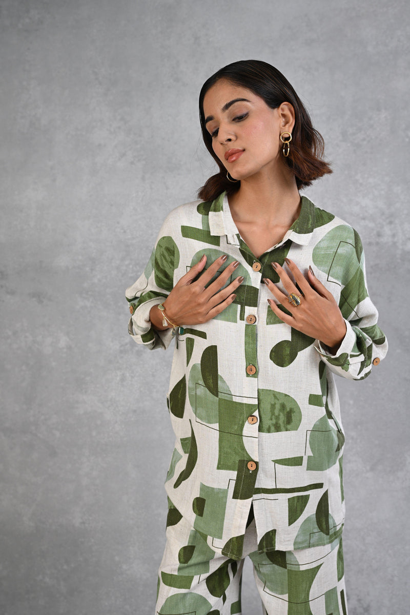 Green & White Modal Slub Printed Full Sleeve Co-ord Set