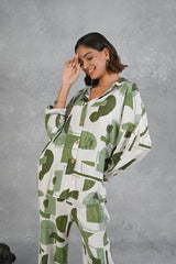 Green & White Modal Slub Printed Full Sleeve Co-ord Set