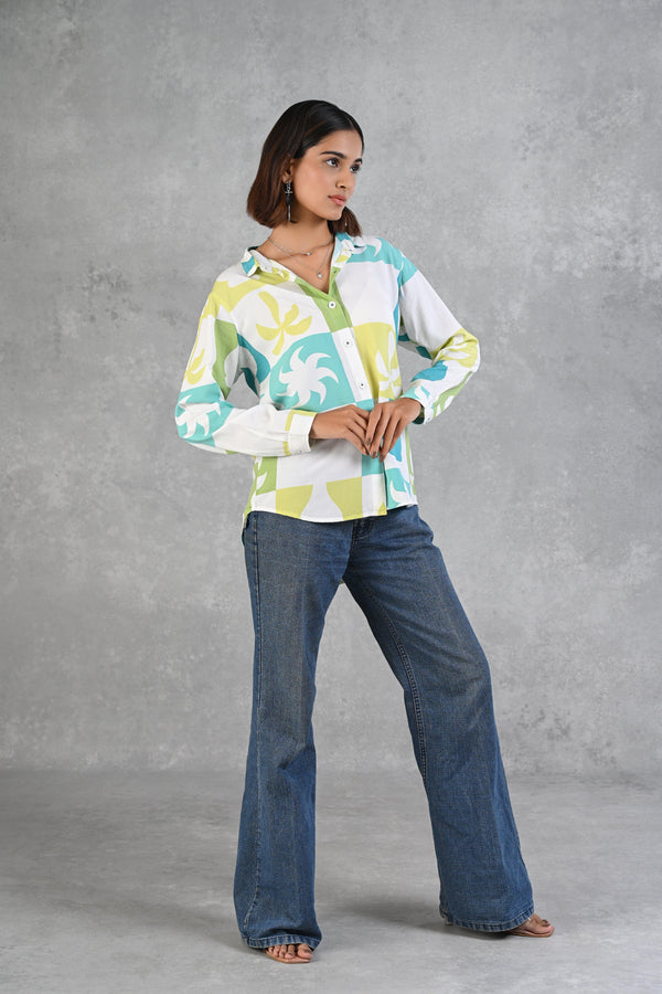 Light Blue & Green Printed Modal Full Sleeve Shirt