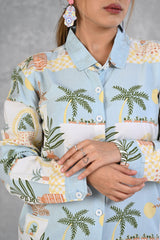 Powder Blue Beach Printed Modal Full Sleeve Shirt