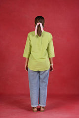 Light Green Linen Cotton Solid Full Sleeve Cotton Top