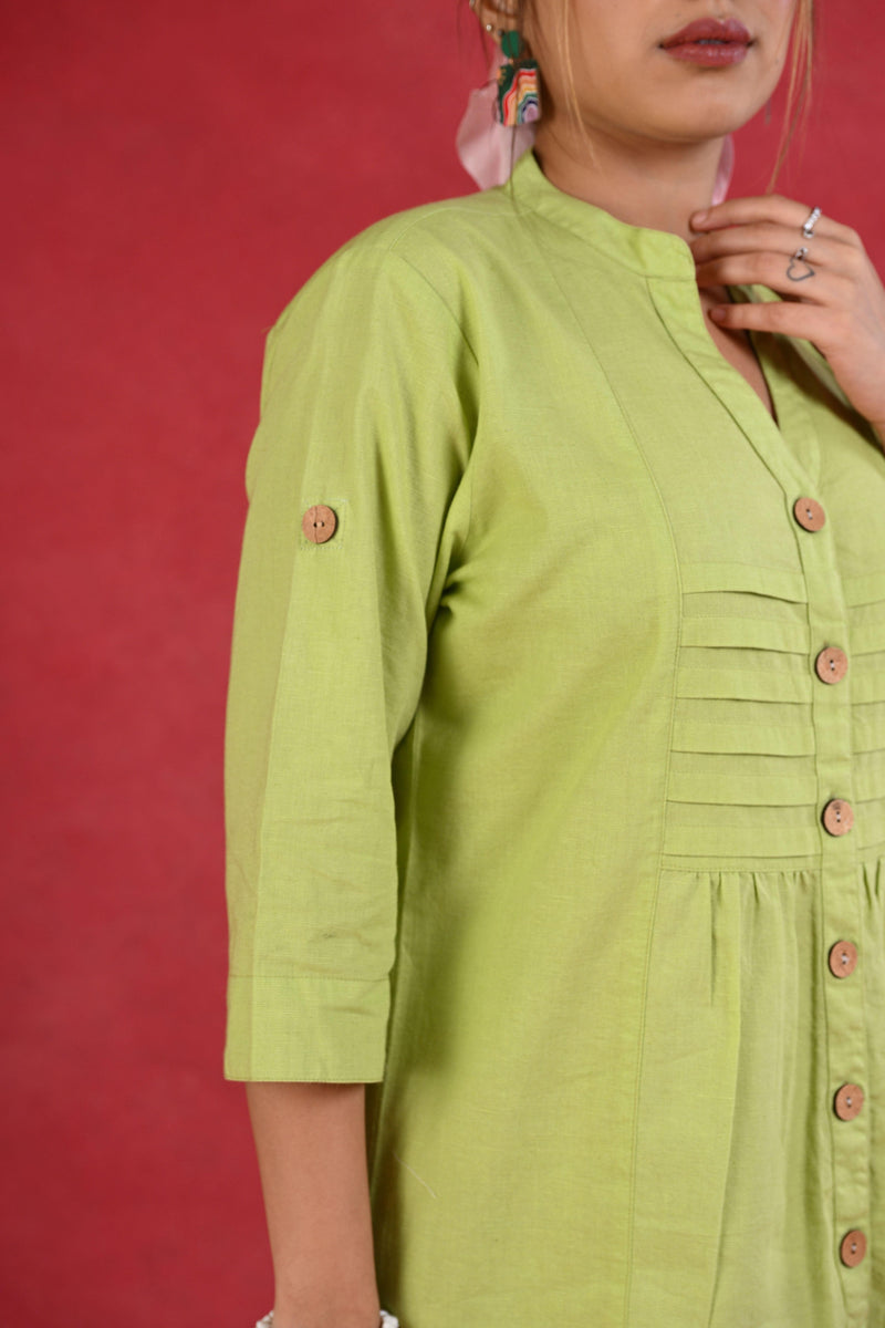 Light Green Linen Cotton Solid Full Sleeve Cotton Top