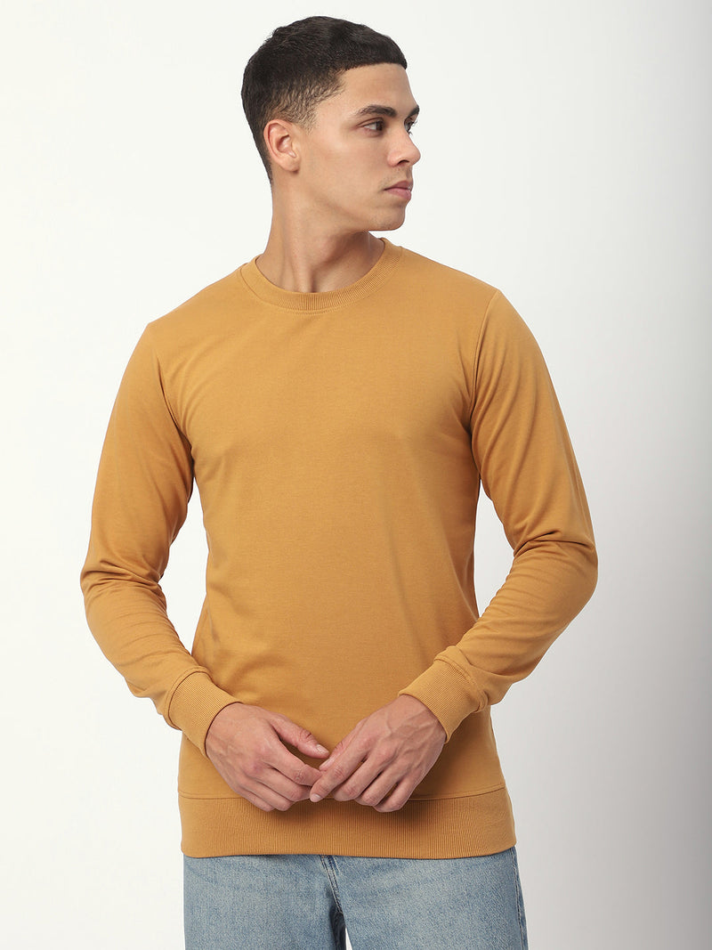 Stitch Hub Tan Loop Knit Sweatshirt For Men - Regular Fit With Solid Pattern