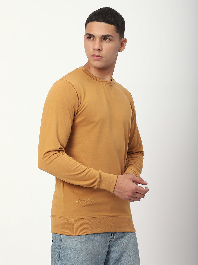 Stitch Hub Tan Loop Knit Sweatshirt For Men - Regular Fit With Solid Pattern