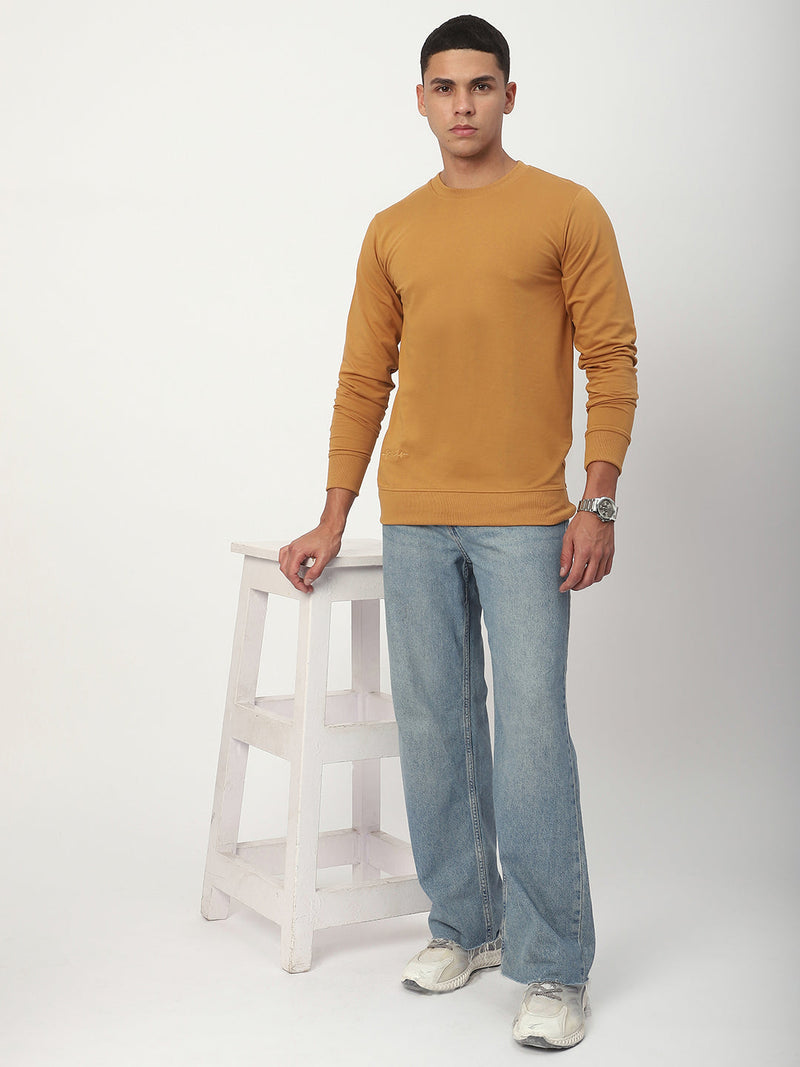 Stitch Hub Tan Loop Knit Sweatshirt For Men - Regular Fit With Solid Pattern