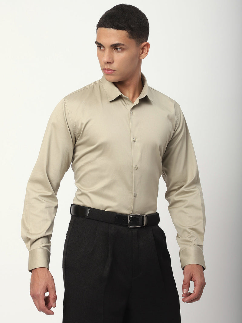 Stitch Hub Beige  Satin Lycra Shirts For Men- Regular Fit With Solid Pattern