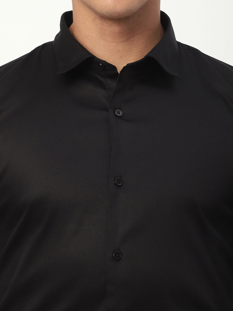 Stitch Hub Black Satin Lycra Shirts For Men- Regular Fit With Solid Pattern