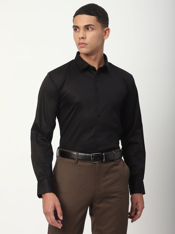 Stitch Hub Black Satin Lycra Shirts For Men- Regular Fit With Solid Pattern